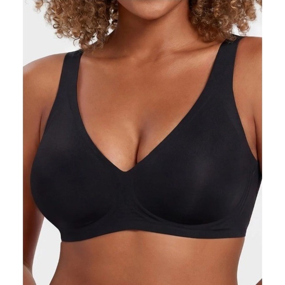 SHECURVE Women's Seamless Deep V Push-Up Wireless Bra Black Size L Lift EUC